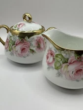 Vintage Bavaria J&C Porcelain Sugar Bowl & Creamer Set Pink Roses Gold Trim #117