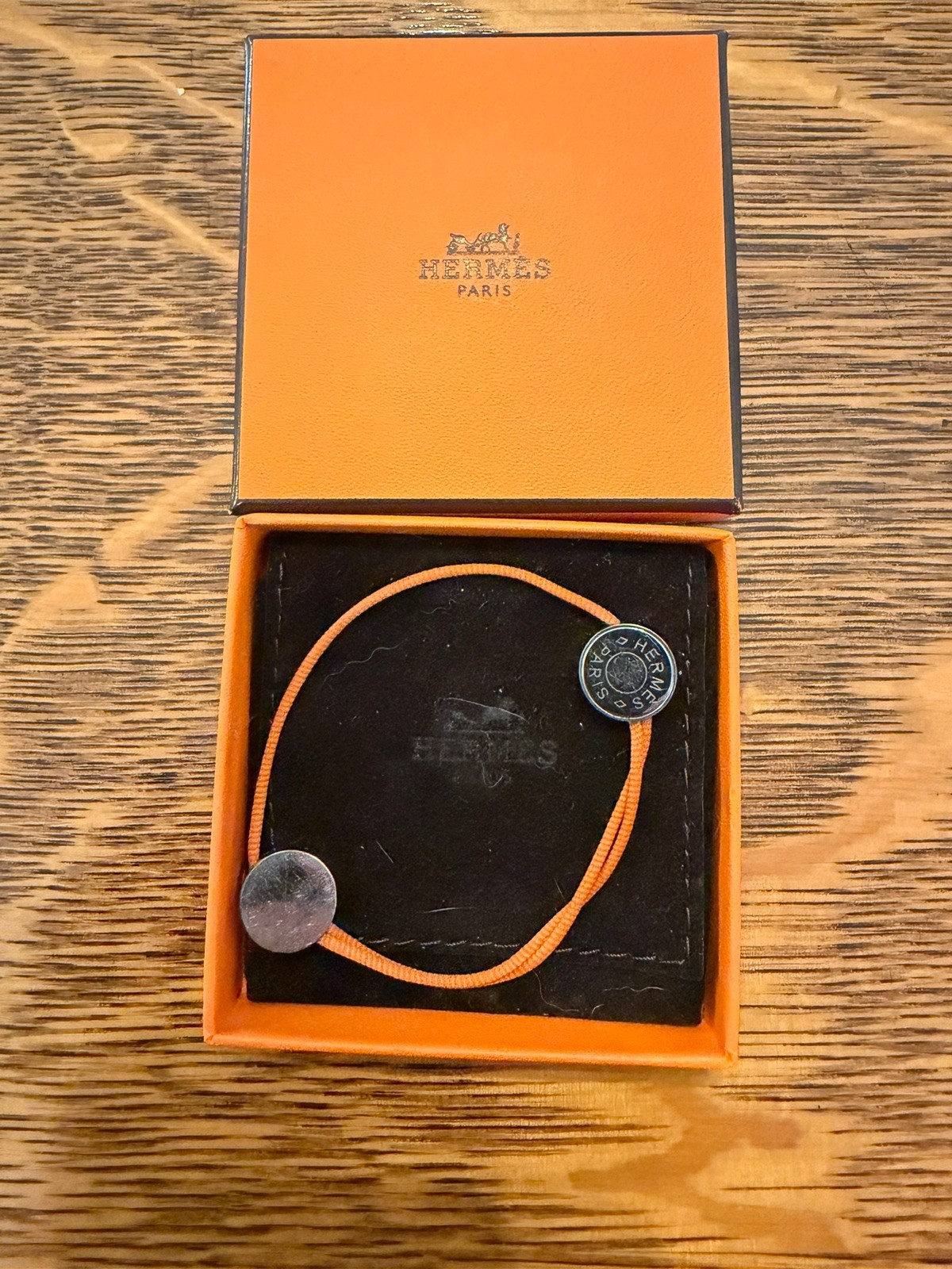 Authentic Hermes String Cord Bracelet Silver Oran… - image 1