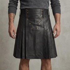 Men's Black Leather Kilt Gothic Utility Pleated Punk Festival LARP Costume