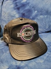 Vintage 80's Polaris Racing Black Leather Brass Buckle Hat Snowmobile Cap