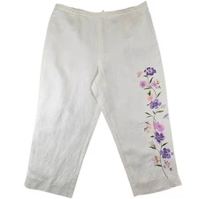 7th Avenue Linen Crop Capri Womens XL White Floral Embroidery CottageCore Beach