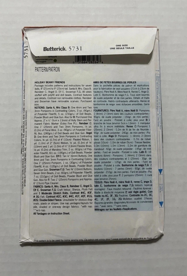 Butterick Sewing Pattern 5731 Holiday Beany Friends Stuffed Animals Uncut - Image 2 of 3