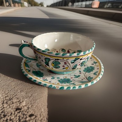 Deruta Italian Pottery GREEN ROOSTER (ORVIETO) CUP & SAUCER SET L.P.W