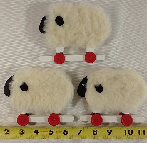 Vintage Wooly Fleece Sheep Lamb Christmas Ornaments on Red Wheels Set of 3 - Picture 4 of 6
