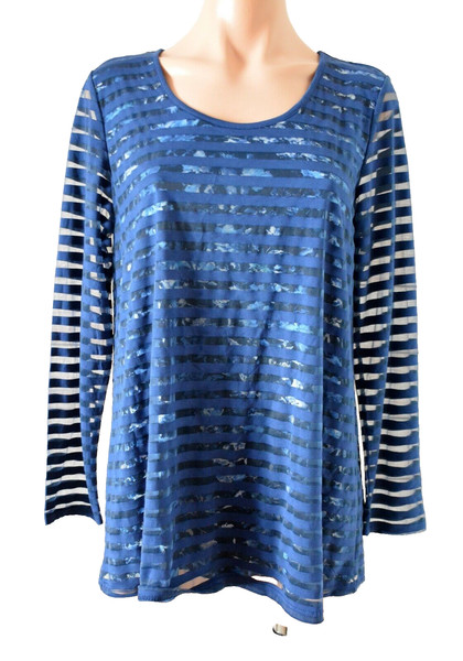 Blue Illusion Top T Shirt Tee Womens Small Blue Floral Stripe Long Sleeve