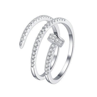 S925 Solid Sterling Luxury 5A Zirconia 3 Rows Spiral Nail Rings Gifts for Women