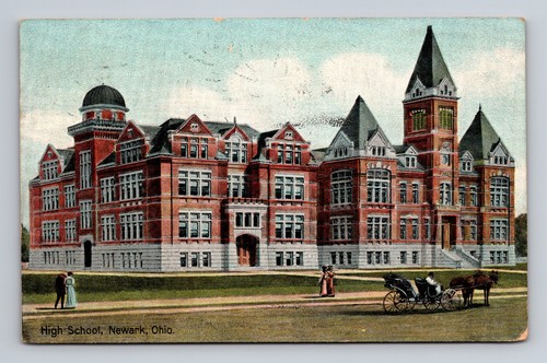 c1908 DB Postcard High School Newark Ohio OH Horse Carriage Fashion