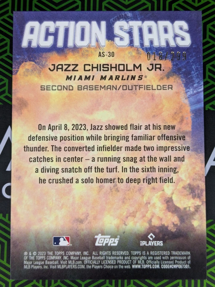 Jazz Chisholm Jr 2023 Topps Update Action Stars Insert Black Parallel 018/299 - Image 2 of 2