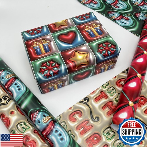 Vnaaem 3D Effect Christmas Wrapping Paper Bundle - Unique Red Green Xmas Desi - Picture 2 of 5