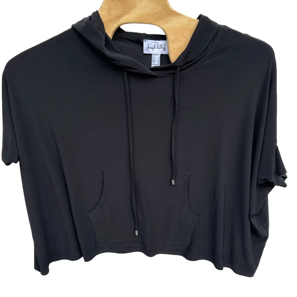 JOSEPH RIBKOFF Womens 2 Black Boxy Hoodie Cropped Top Shirt With Hood Oversized - Image 2 of 4