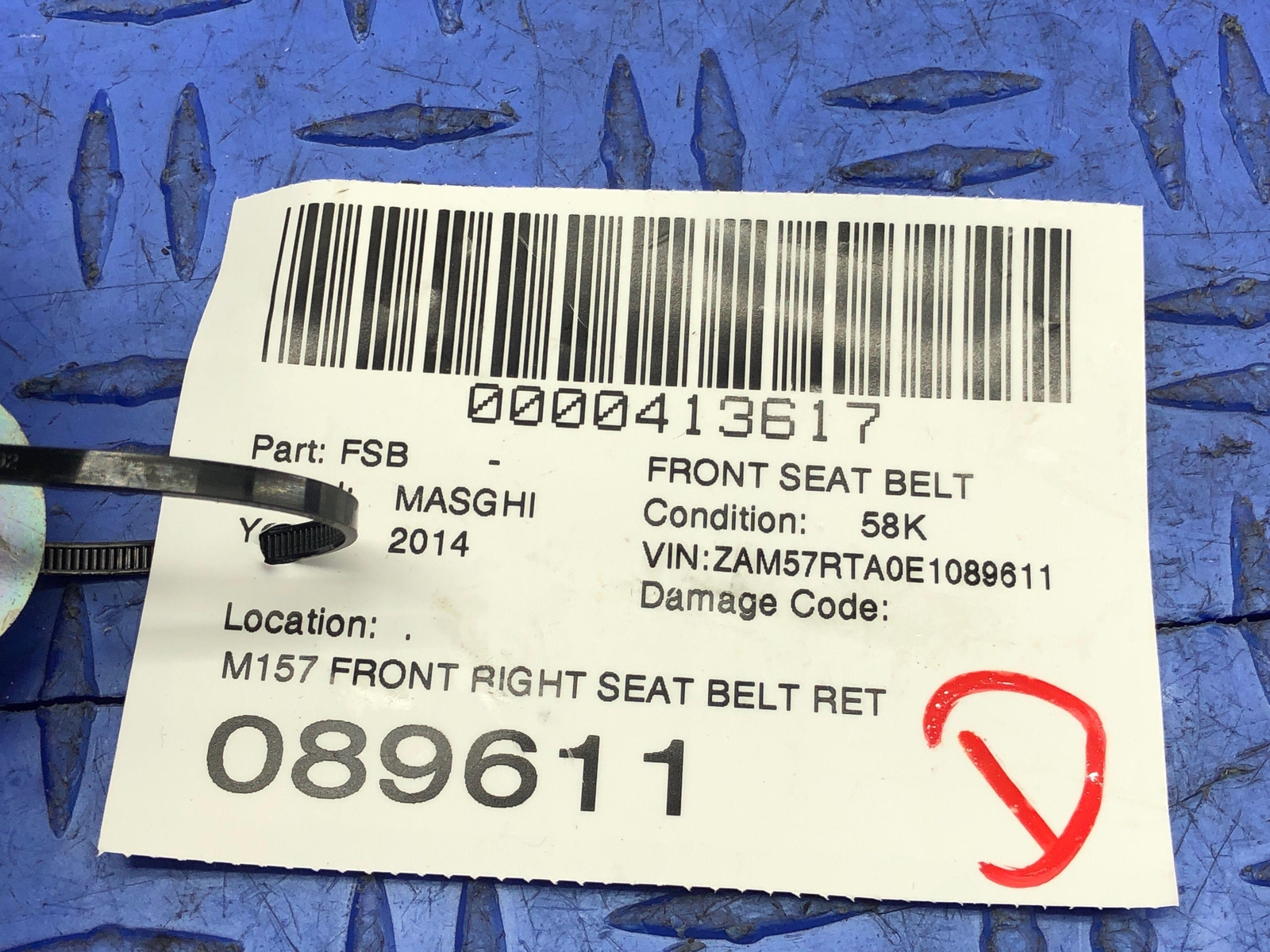 2014-2017 MASERATI GHBILI FRONT RIGHT SEAT BELT RETRACTOR BLACK 62706950