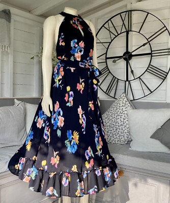 Monsoon Dark Navy Blue Floral Maxi High Neck Tiered Hem Chiffon