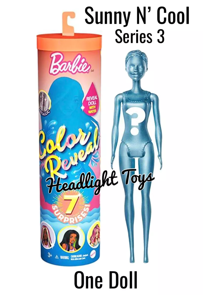 1 Barbie Color Reveal 2020 Orange Sunny N Cool Beach Series 3 Metallic Doll  2 4