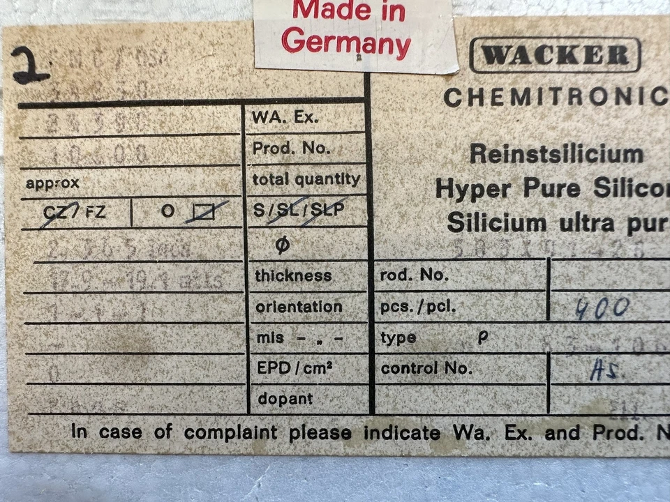  LOTE DE 400 OBLEAS WAKER CHEMTRON HYPER SILICON PURE 2.365" de diámetro, 14-15 molinos de espesor Foto 4 de 4