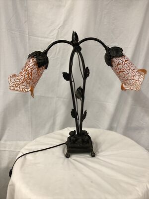 Art Deco Stl Handmade Wrought Iron Table Lamp 2 Blown Glass Shades  Yellow White