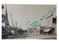 Vintage RPPC Hubbell Michigan Main Street Post Office Hardware Store Barber Shop
