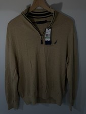 Nautica Navtech Quarter Zip Sweater Mens Large Tan Cotton Knit Pullover NWT