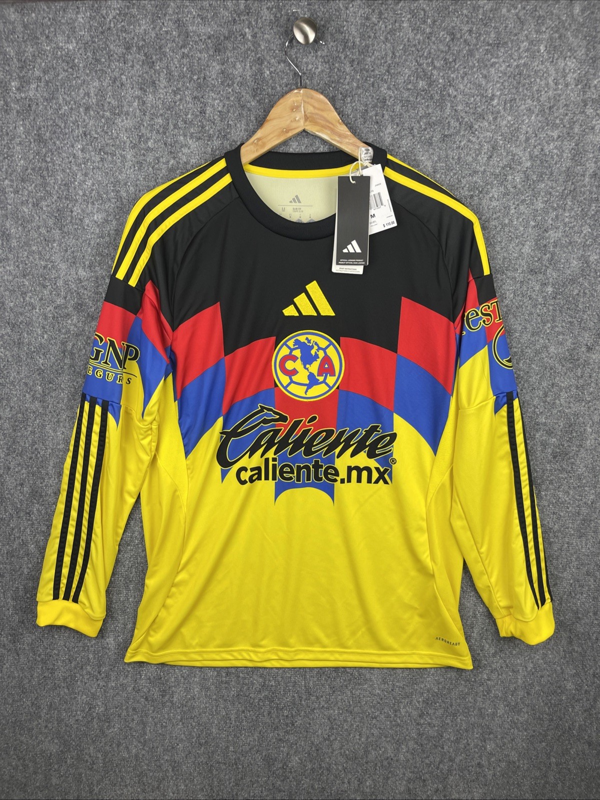 Club America Jersey Mens Medium Adidas Yellow 25/26 Long Sleeve Slim Fit JN8636
