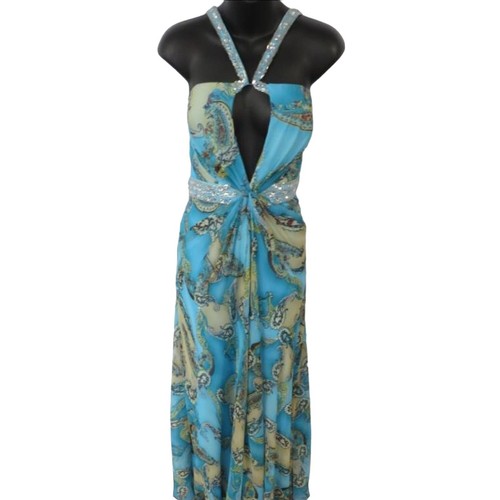 NWT Laffe Jasmine SZ. 12 PAISLEY Sequin Blue Halter Formal Summer Low Back Dress - Picture 1 of 20