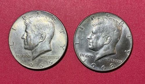 2 Kennedy Half Dollars 40% Silver - 1965 and 1968-D