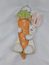 Wooden Bunny Welcome Sign with Carrot   12" Wall Decor Spring Easter Cute