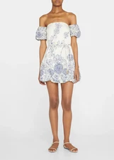 ALEXIS $395 Linen Floral Off Shoulder Belted Bubble Muscari Dress Size Medium