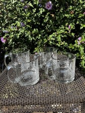 Vintage "Made in USA" heavy glass winter/holiday scene mugs with gold trim
