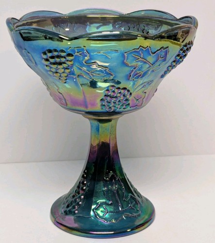 Vintage Indiana Glass Blue Carnival Glass Compote Bowl - Harvest Grape Pattern - Picture 6 of 10