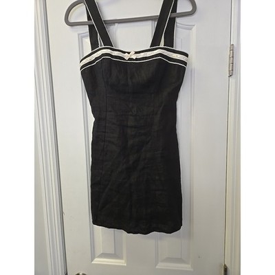 Reformation Elana Black Linen Lace Trim Mini Dress Sweetheart Smocked Back 0