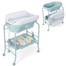 Baby Changing Table w/Bathtub, Folding  Portable Diaper Station w/Wheels Blue