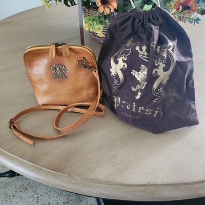 Pratesi Firenze Small Leather Cognac Crossbody Bag Zip Around Made in Italy