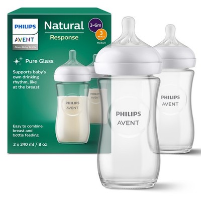 Avent Natural Response 2x Glas Baby Flasche 240ml Trinkflaschen Set 3 - 6 Monate