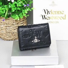 Vivienne Westwood Tri Fold Wallet Black Leather Silver Orb Box Bag Unused