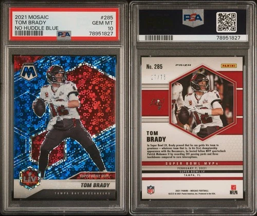 TOM BRADY 2021 MOSAIC SUPER BOWL MVPS NO HUDDLE BLUE PRIZM /75 PSA 10