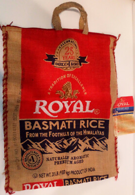 Empty 20 lbs Royal Basmati Rice Burlap Bag with Zipper and Handles