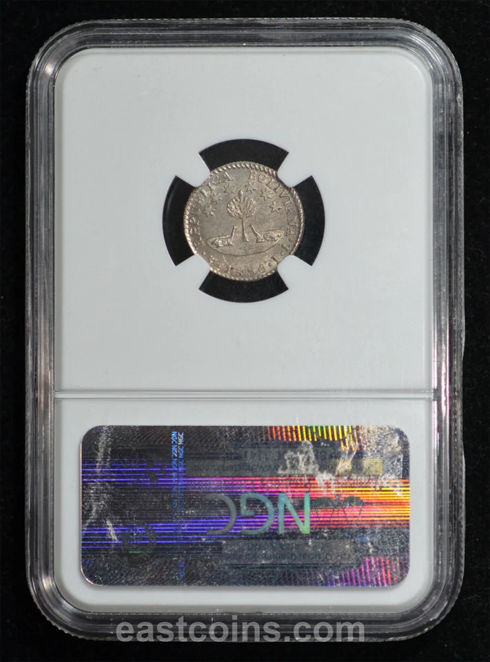 NGC MS64 1830 PTS JL Bolivia Silver 1/2 Sol 6 Point Stars 1 YEAR TYPE KM# 93.2a - Image 2 of 4