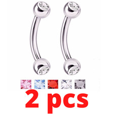 PAIR TINY 18G 1/4" DOUBLE GEM CURVED STEEL BARBELL TRAGUS ROOK EYEBROW EARRINGS