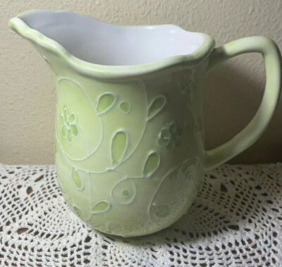 Ceramic Vintage 6  Water Pitcher Pastel Lime Green w White Flowers Brand Unknown