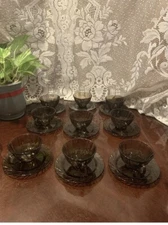 Vintage Duralex Bormioli Rocco Rivage Amber Smoke Cups & Saucers Sets