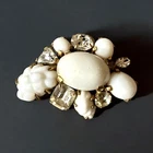 Vintage MARVELLA White Milk Glass Rhinestone Pin Brooch