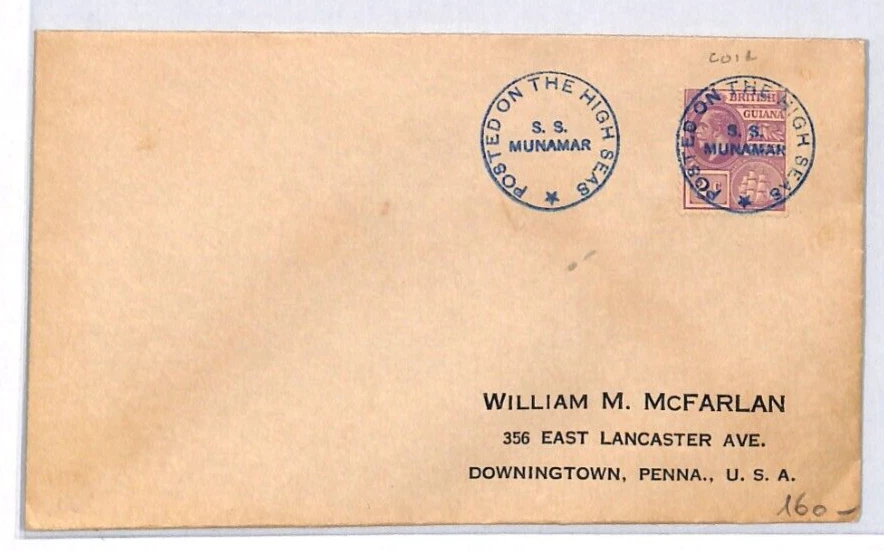 BRITISH GUIANA KGV Cover *SS MUNAMAR* BLUE SHIP CANCEL Maritime USA YJ300 - Image 2 of 4