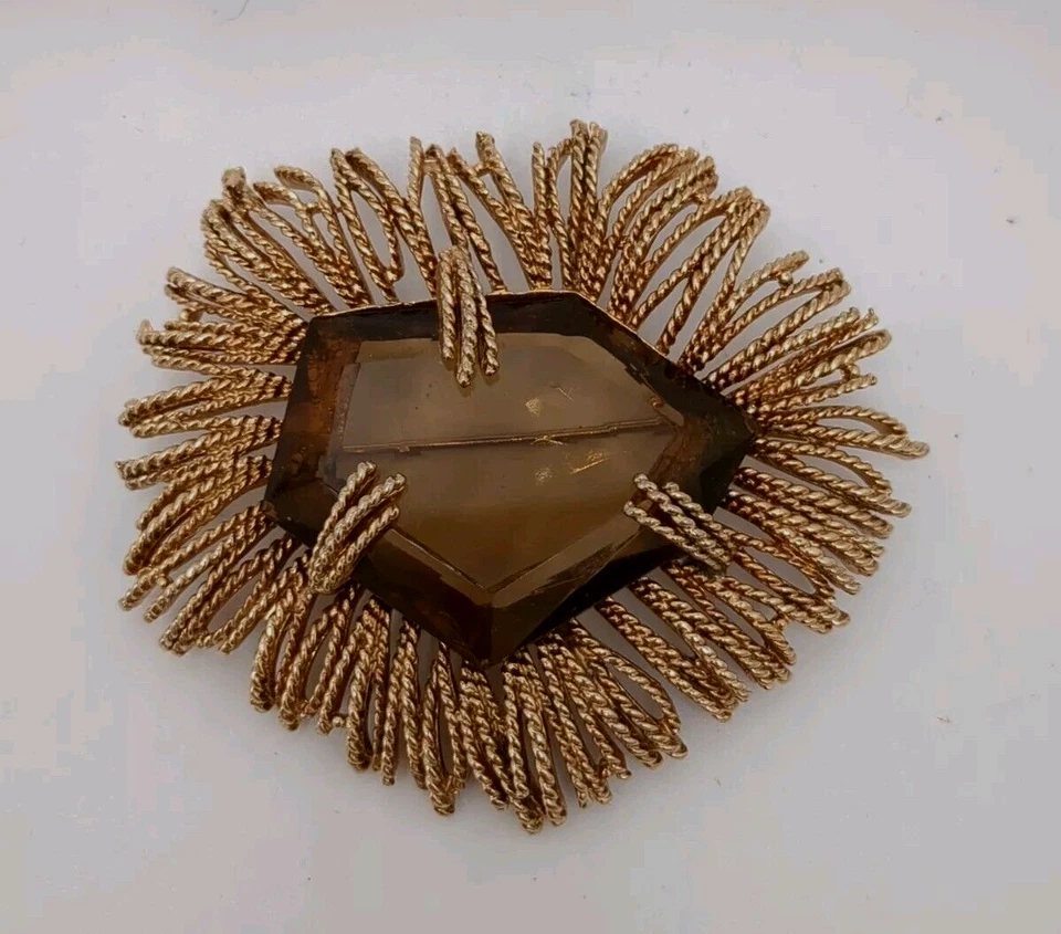 Vintage Gold tone Large Topaz glass Rhinestone Brooch 1960s fashion 2.5"