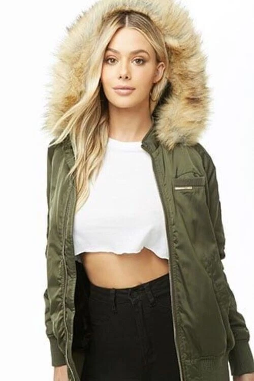 Members Only Forever 21 Hooded Bomber Jacket Faux Fur Large Dark Green Khaki
