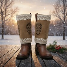 Women Western Boot Cover Topper Long Beige Fabric Lace Slip On Sugar Skulls