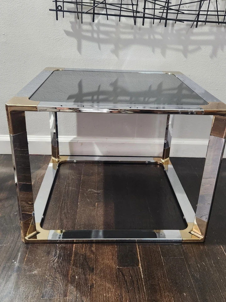 Винтажный хромированный латунный квадратный столик в стиле Maison Jansen Hollywood Regency - Изображение 2 из 4