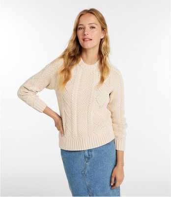 LL BEAN Signature Fisherman Coastal Sweater Womens Small Cream Cotton Cable Knit