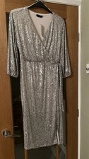NEW F&F Silver Sequin Faux Wrap Christmas Party midi Dress Size 14