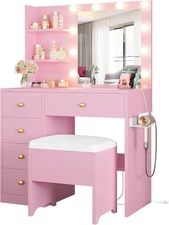 Vanity Desk With Mirror And Lights Small Makeup Vanity Table Power Outlet Pink