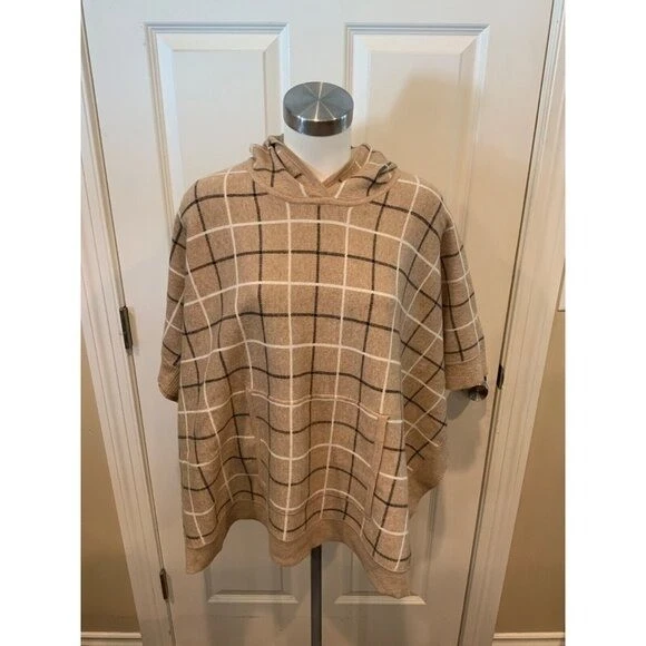 Tahari Tan Hooded Poncho W/ Black & White Plaid Pattern, Size OS