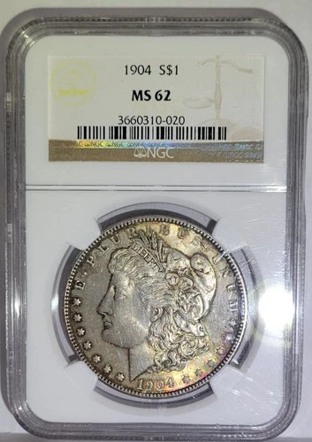 1904-P MORGAN DOLLAR NGC MS62, AMAZING LUSTER, BEAUTIFUL TONING!